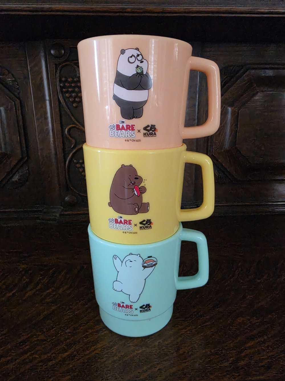 We Bare Bears Stackable Plastic Cups - Peach, Yellow, Mint - Kura Collaboration